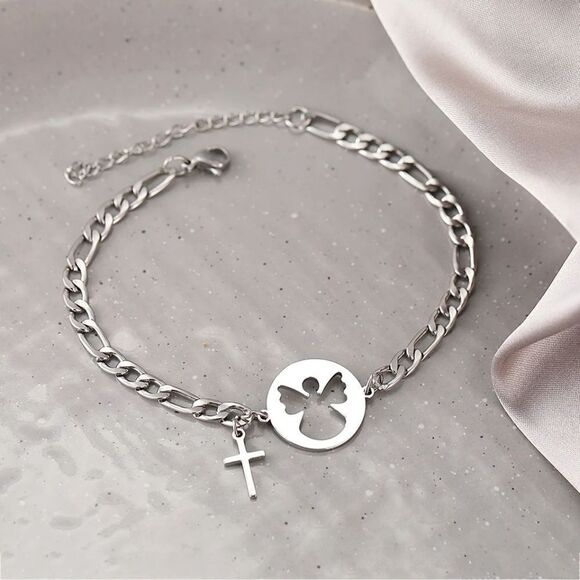 Stainless Steel Angel Cross Bracelet - Picture 1 of 3